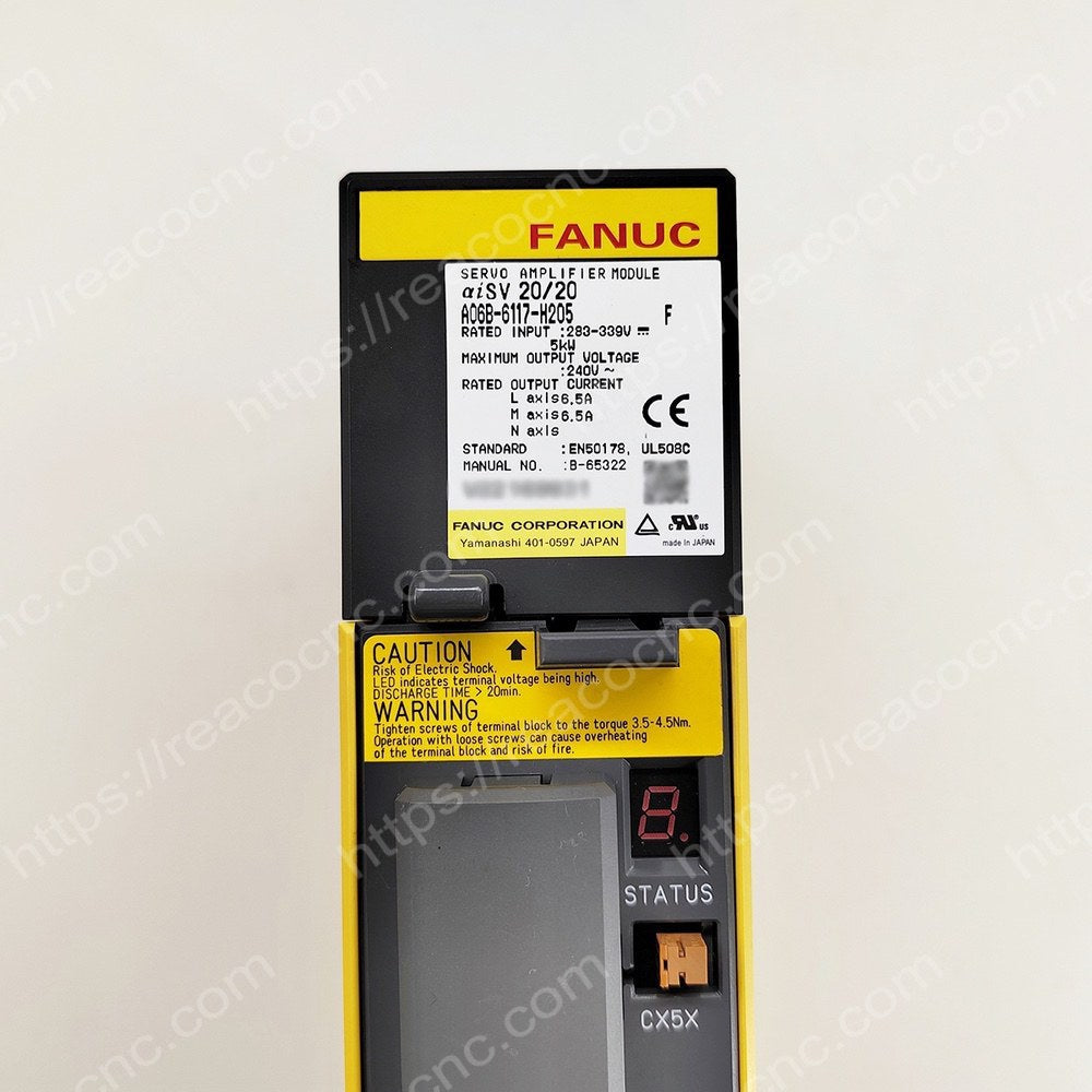 FANUC A06B-6117-H205 D Control Servo Drive Model plate closeup - Verification and Repair available