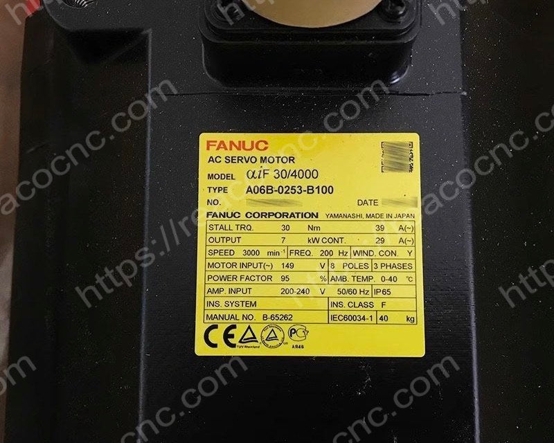 Model label showing FANUC A06B-0253-B100 servo motor part number