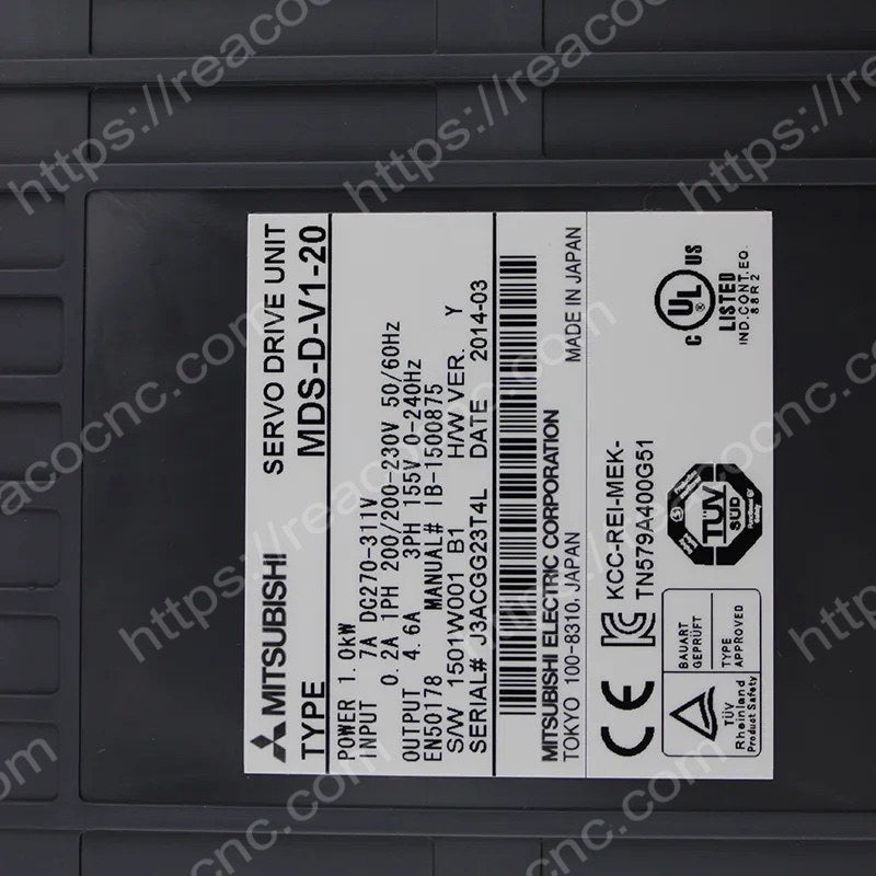 Mitsubishi MDS-D-V1-20 Servo Drive Model plate closeup - Verification and Repair available