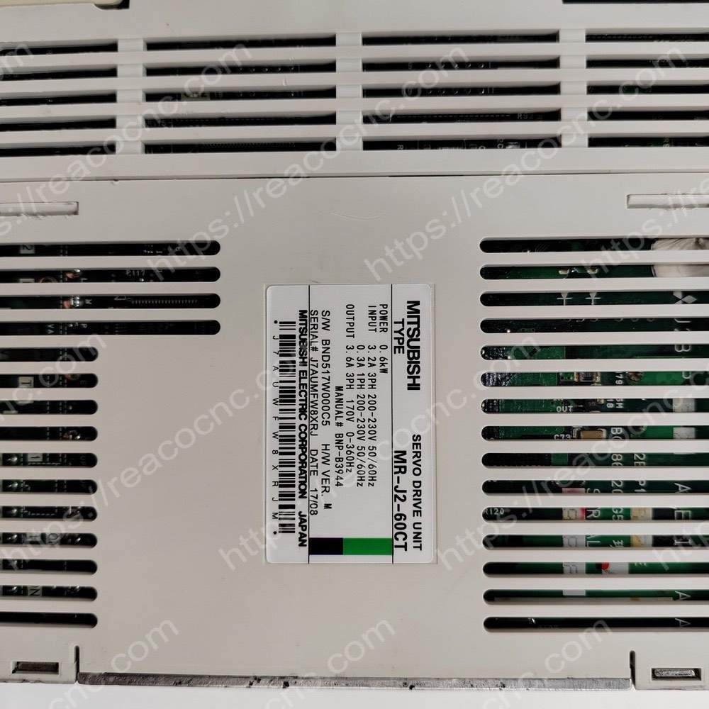 Mitsubishi MR-J2-60CT Servo Drive Model plate closeup - Verification and Repair available