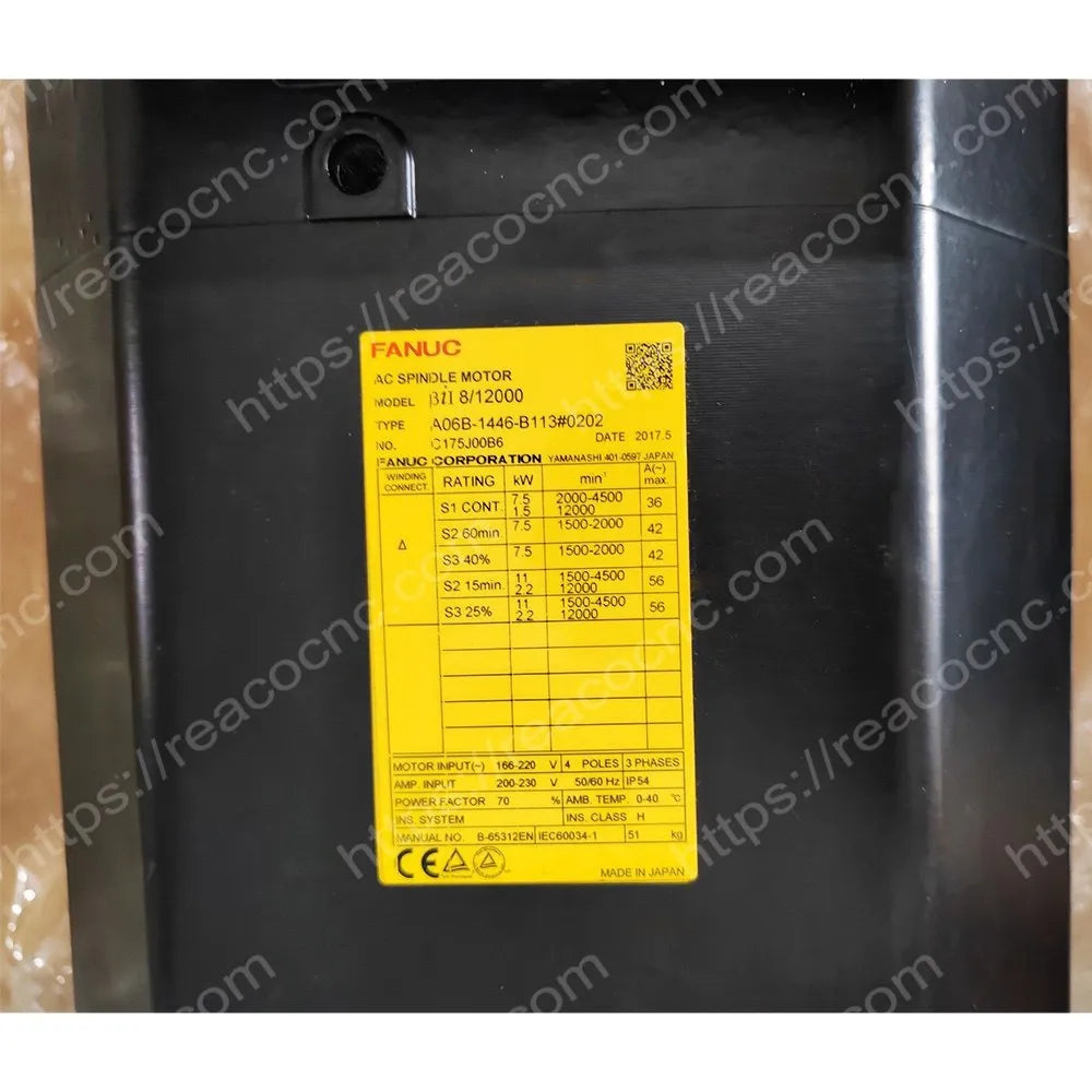 A06B-1446-B113#0202 Fanuc Bii 8/12000 AC spindle motor rating plate