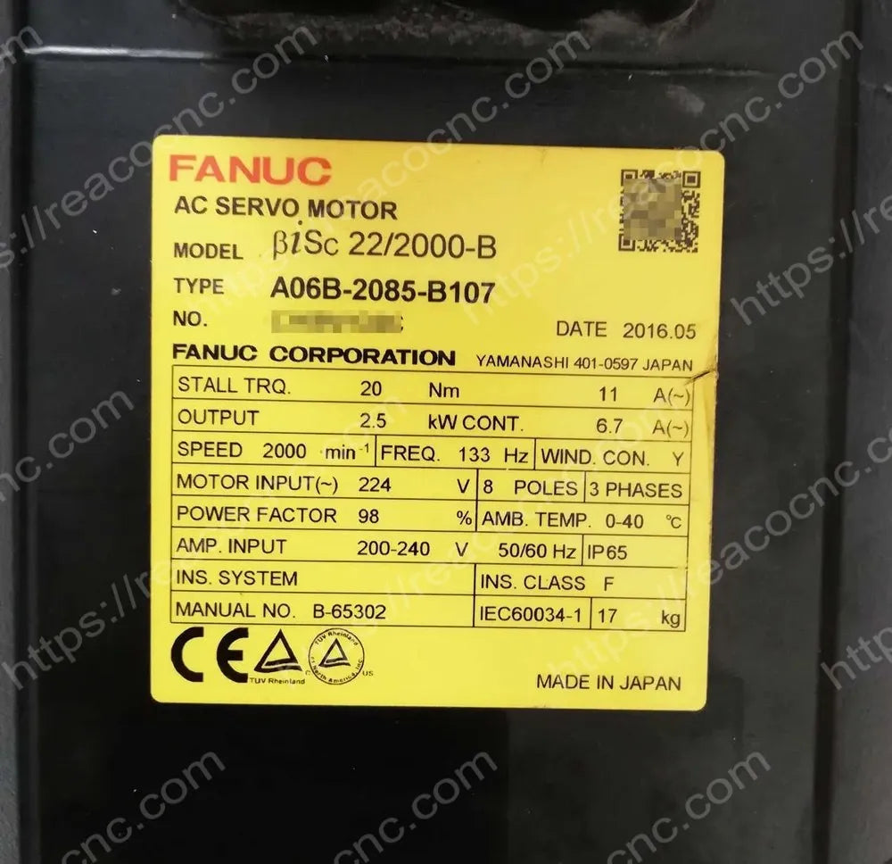 A06B-2085-B107 Fanuc BiS 22/2000 AC servo motor rating plate