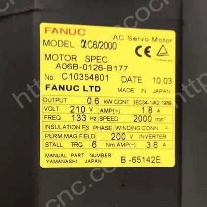 FANUC A06B-0126-B177 motor model and rating nameplate