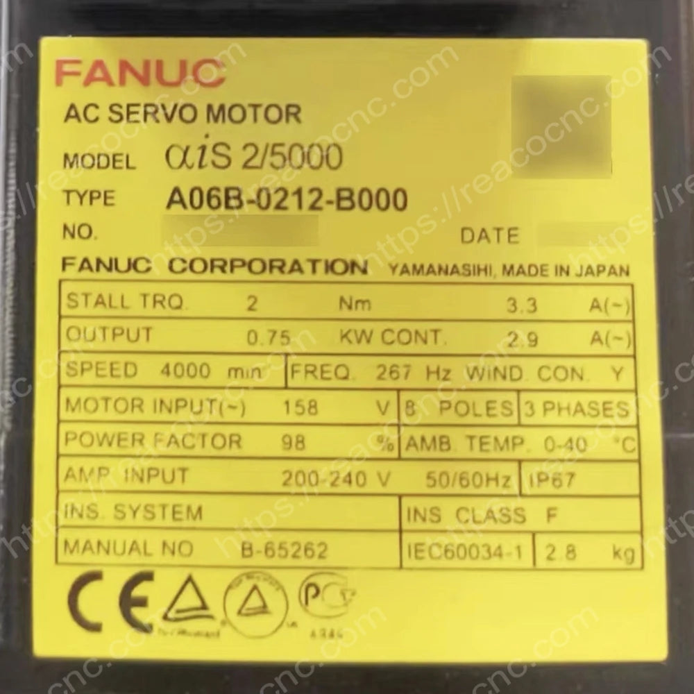 FANUC A06B-0212-B000 servo motor model and rating nameplate