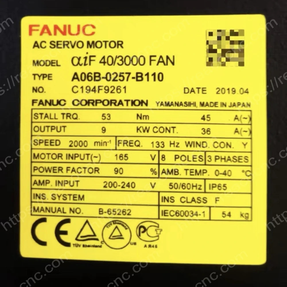 FANUC A06B-0257-B110 motor model and electrical rating nameplate