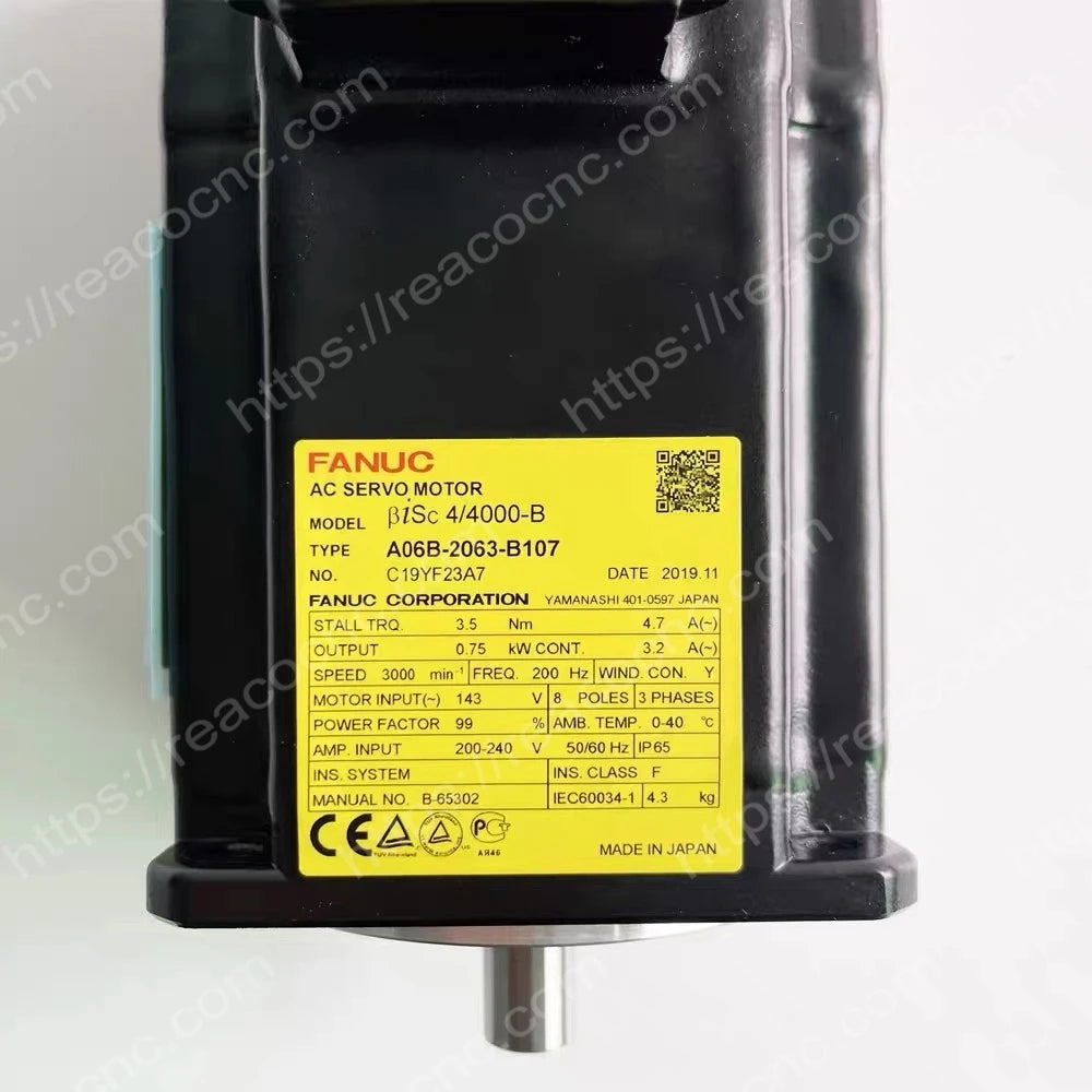 FANUC A06B-2063-B107 motor model and electrical rating plate