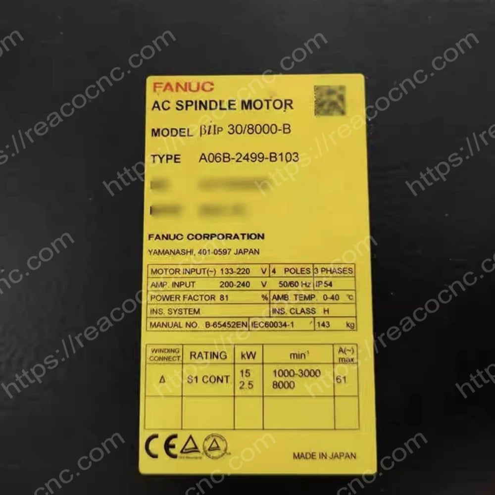 FANUC A06B-2499-B103 spindle motor model and rating nameplate