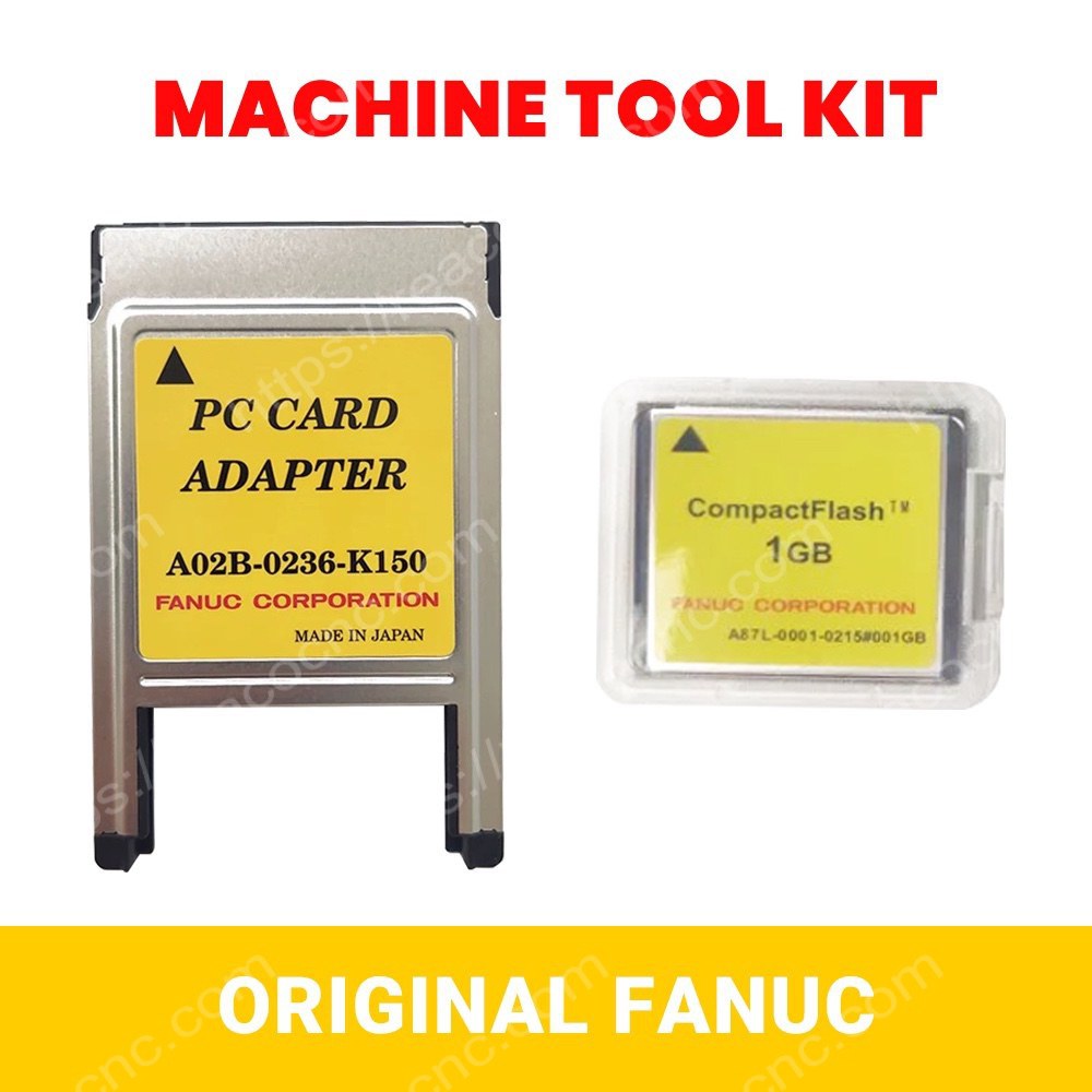 Collection image showing FANUC A02B-0236-K150 long CF adapter with A87L-0001-0215#001GB CF card and related memory card accessories
