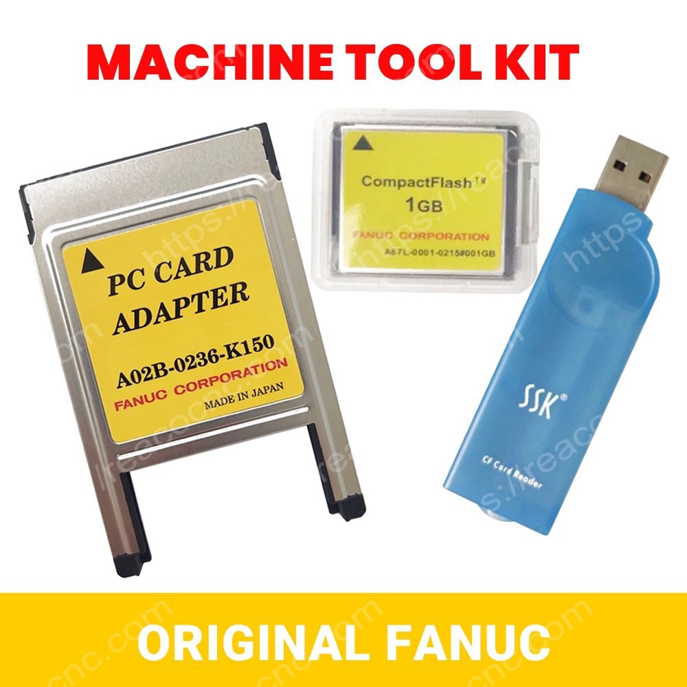 Collection image showing FANUC A02B-0236-K150 long CF adapter with A87L-0001-0215#001GB CF card and SSK USB card for CNC program transfer