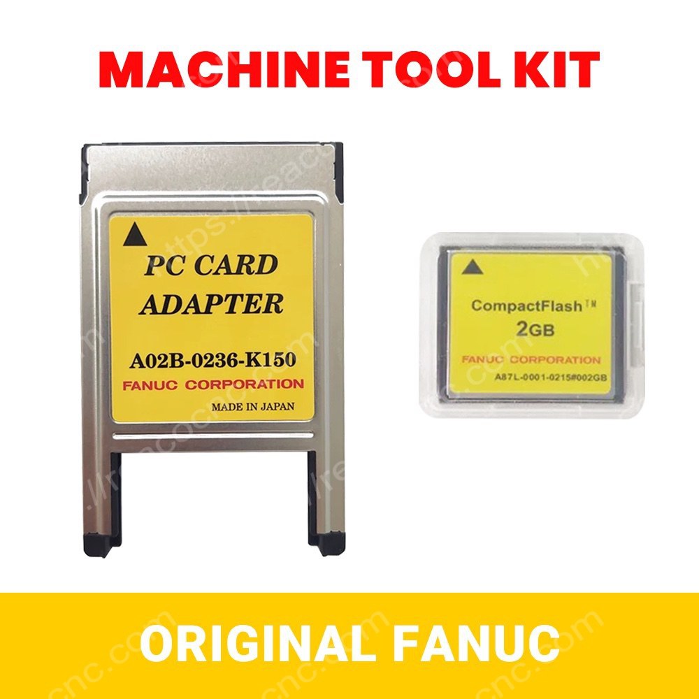 Collection image showing FANUC A02B-0236-K150 long CF adapter with A87L-0001-0215#002GB CF card and related memory card accessories