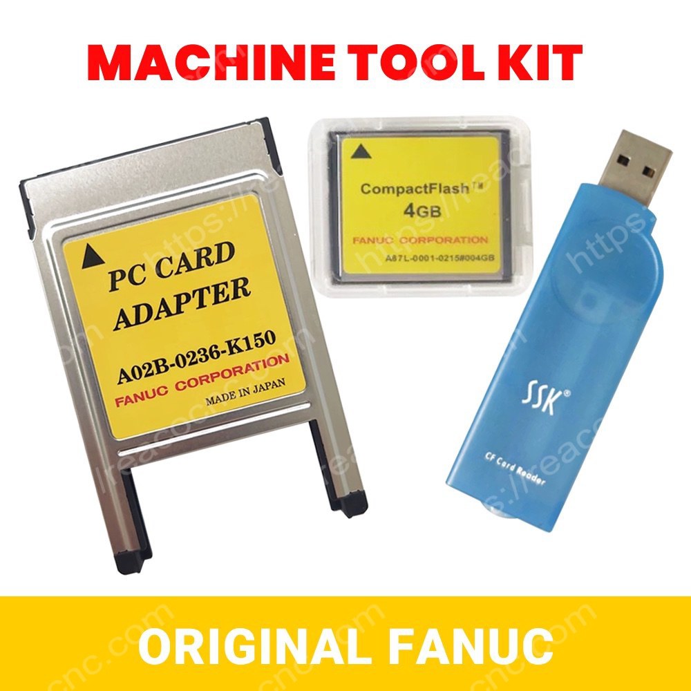 Collection image showing FANUC A02B-0236-K150 long CF adapter with A87L-0001-0215#004GB CF card and SSK USB card for CNC program transfer
