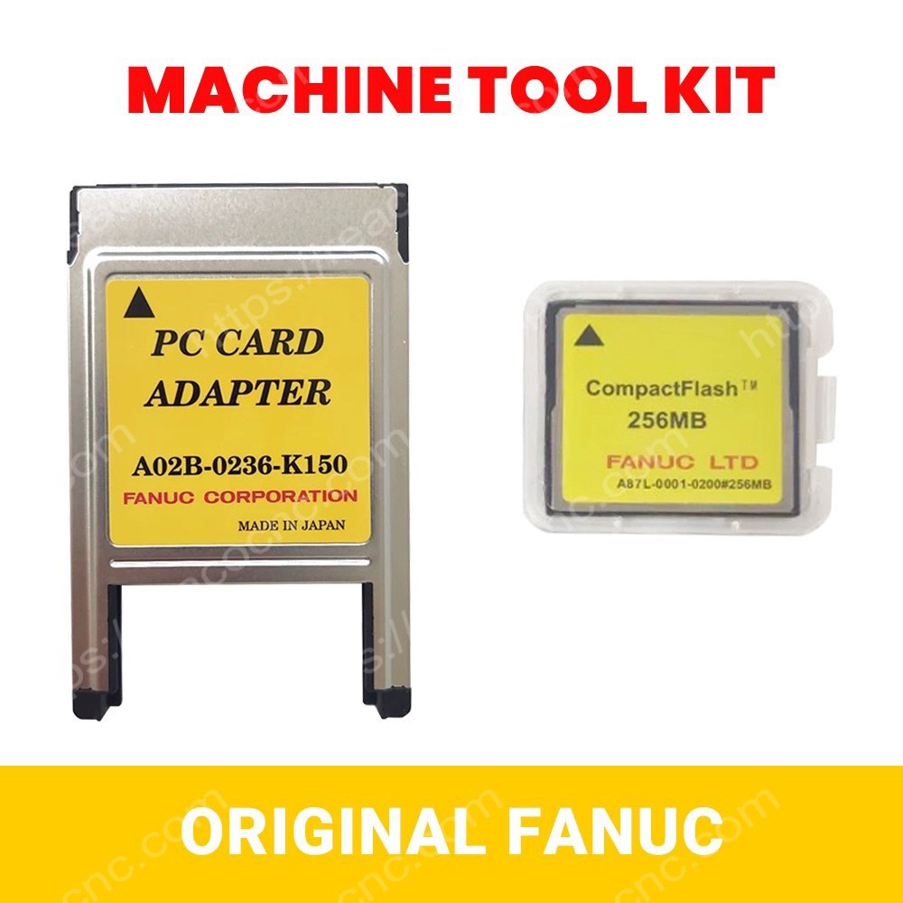 Collection image showing FANUC A02B-0236-K150 long CF adapter with A87L-0001-0215#256MB CF card and related memory card accessories
