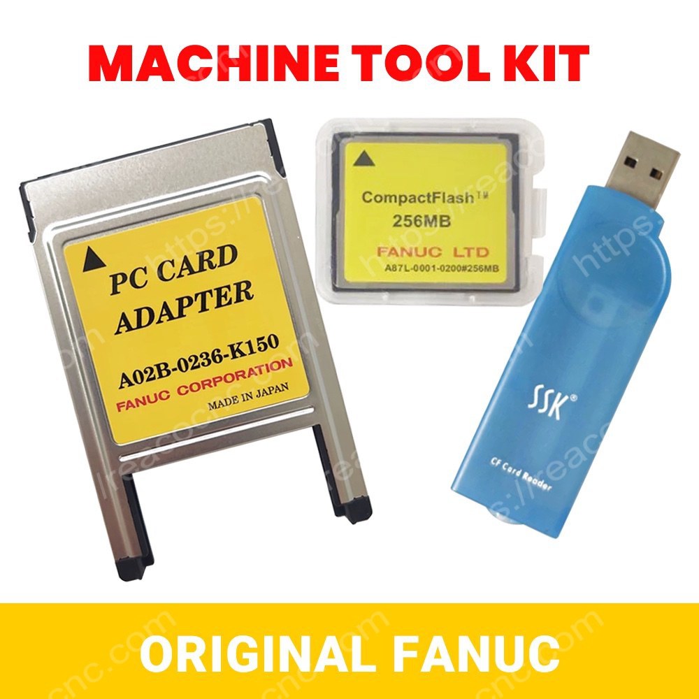 Collection image showing FANUC A02B-0236-K150 long CF adapter with A87L-0001-0215#256MB CF card and SSK USB card for CNC program transfer