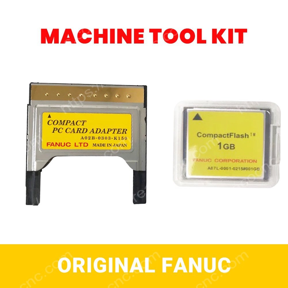 Collection image showing FANUC A02B-0303-K150 short CF adapter with A87L-0001-0215#001GB CF card and related memory card accessories