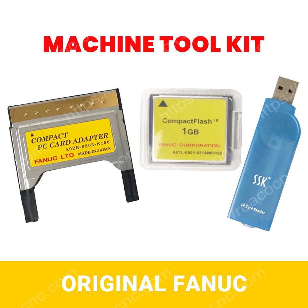 Collection image showing FANUC A02B-0303-K150 short CF adapter with A87L-0001-0215#001GB CF card and SSK USB card for CNC program transfer