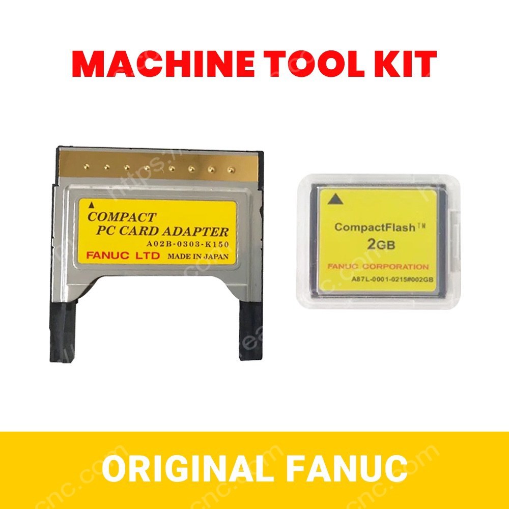 Collection image showing FANUC A02B-0303-K150 short CF adapter with A87L-0001-0215#002GB CF card and related memory card accessories