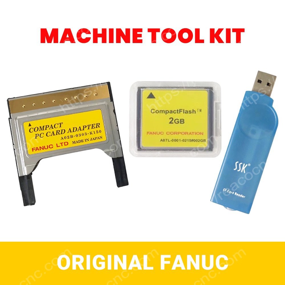 Collection image showing FANUC A02B-0303-K150 short CF adapter with A87L-0001-0215#002GB CF card and SSK USB card for CNC program transfer