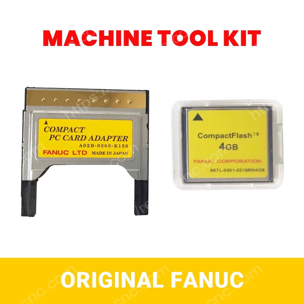 Collection image showing FANUC A02B-0303-K150 short CF adapter with A87L-0001-0215#004GB CF card and related memory card accessories