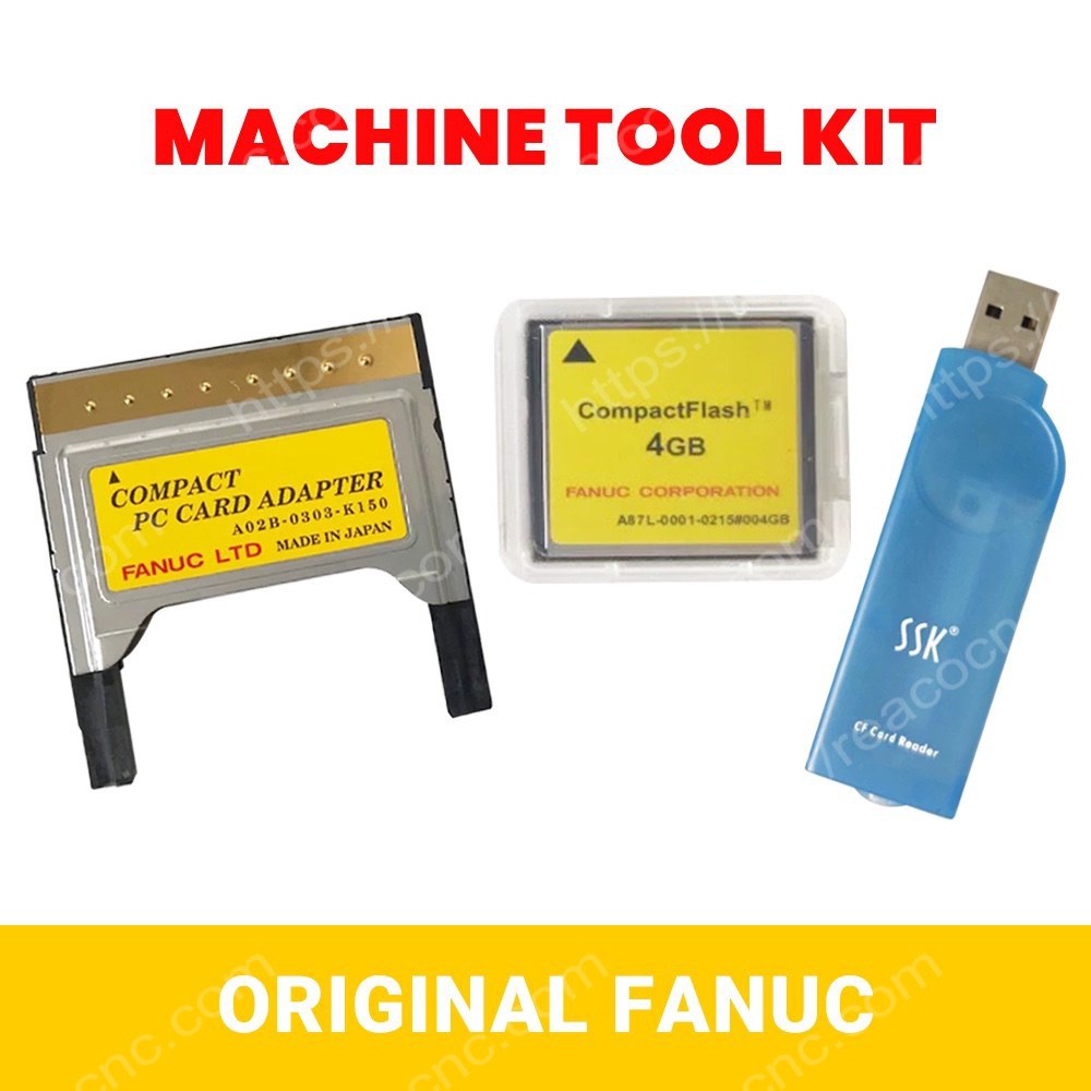 Collection image showing FANUC A02B-0303-K150 short CF adapter with A87L-0001-0215#004GB CF card and SSK USB card for CNC program transfer