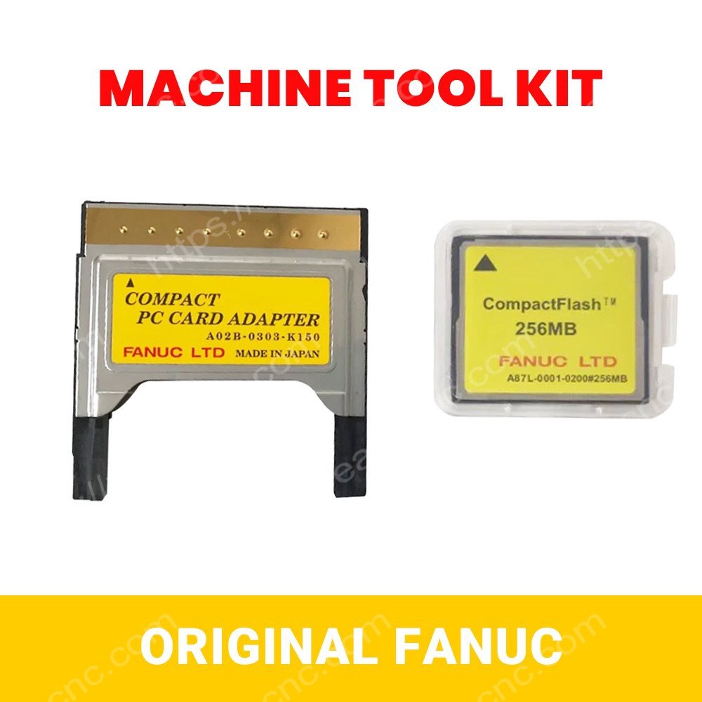 Collection image showing FANUC A02B-0303-K150 short CF adapter with A87L-0001-0215#256MB CF card and related memory card accessories