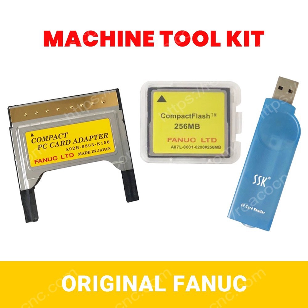Collection image showing FANUC A02B-0303-K150 short CF adapter with A87L-0001-0215#256MB CF card and SSK USB card for CNC program transfer