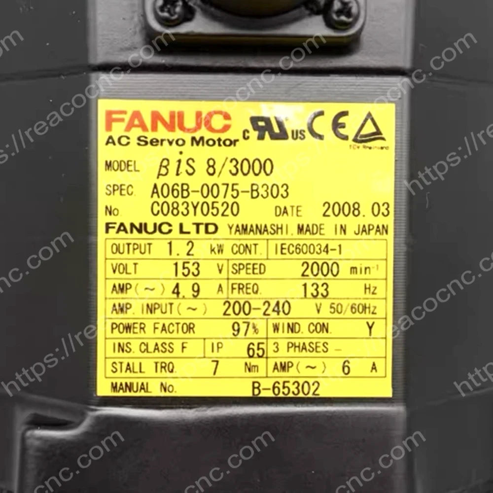 FANUC A06B-0075-B303 complete servo motor rating nameplate