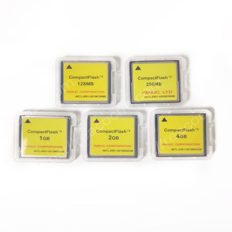 Collection image of FANUC A87L-0001-0215 CF memory cards in 128MB, 256MB, 1GB, 2GB, and 4GB for CNC data transfer and program storage