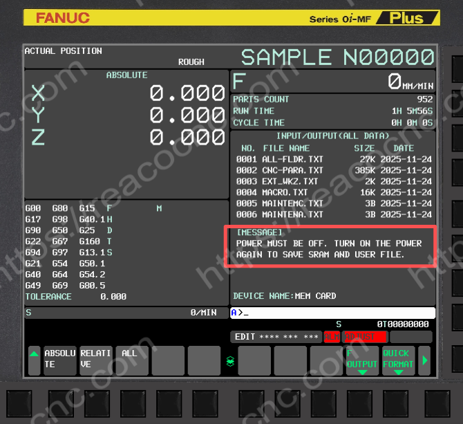 FANUC full backup completed with “POWER MUST BE OFF” prompt before reboot