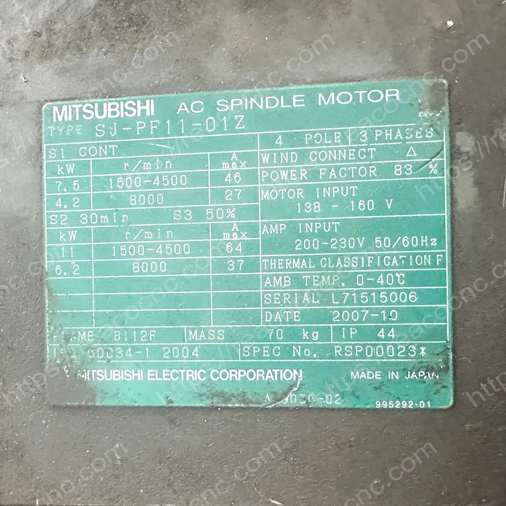 Mitsubishi SJ-PF11-01Z spindle motor ratings and model nameplate
